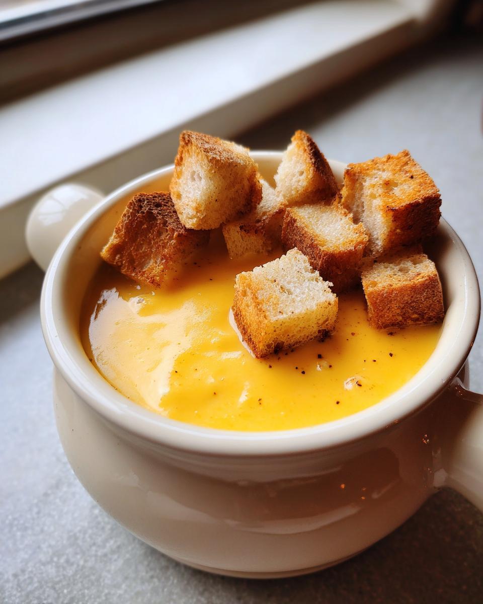 A creamy, yellow cheese fondue served in a white bowl, topped with golden brown croutons.