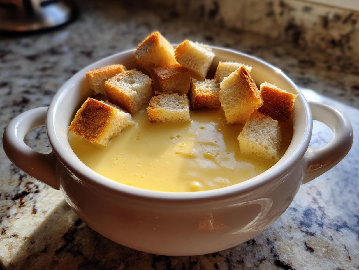 A white handled bowl filled with smooth, yellow cheese fondue topped with toasted bread cubes.