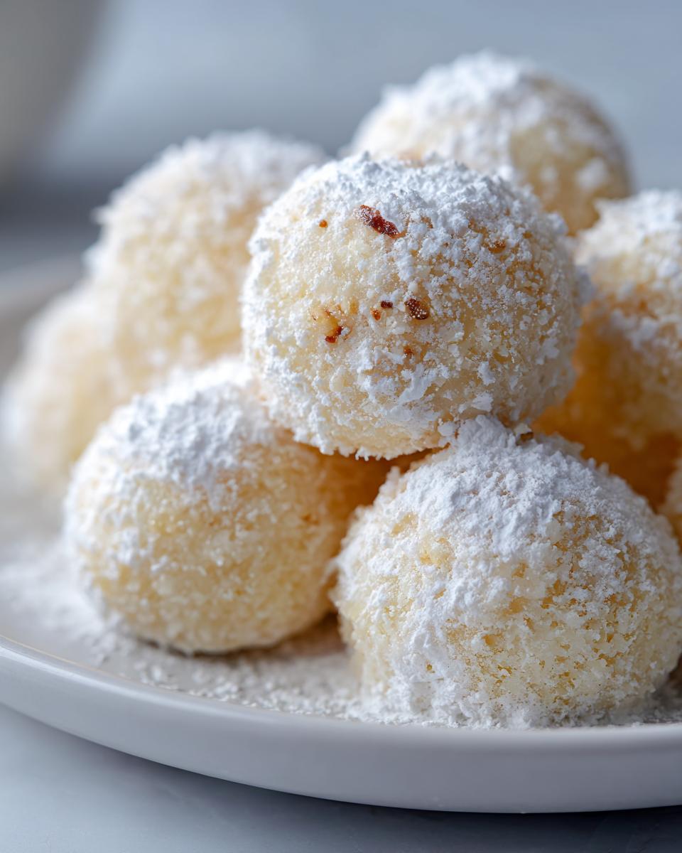 A close-up of several soft, round snowball cookies generously dusted with powdered sugar on a white plate.