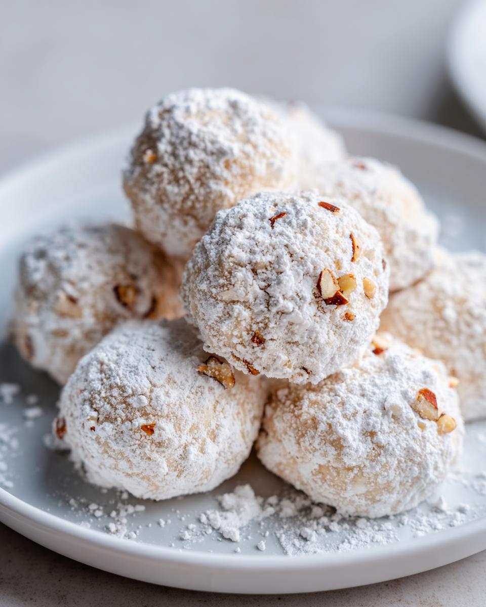 A close-up of a pile of melt-in-mouth snowball cookies, dusted generously with powdered sugar and studded with chopped almonds.