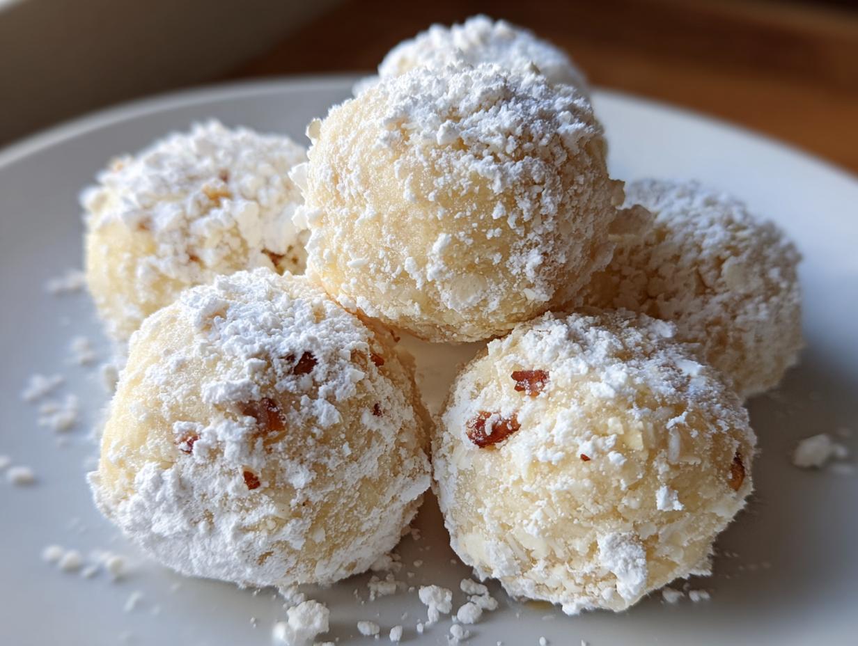 A close-up of several melt-in-mouth snowball cookies dusted with powdered sugar and small pieces of nuts.