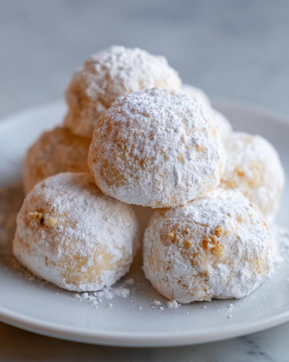 A close-up of a stack of melt-in-your-mouth snowball cookies dusted with powdered sugar.