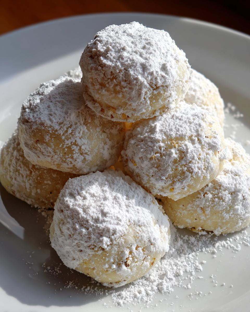 A pile of delicious snowball cookies generously dusted with powdered sugar.