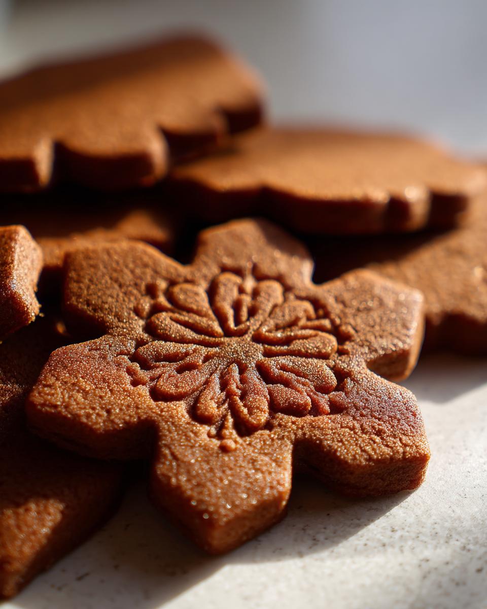 A close-up of a beautifully decorated snowflake-shaped gingerbread cookie, part of a stack of delicious gingerbread cookies.