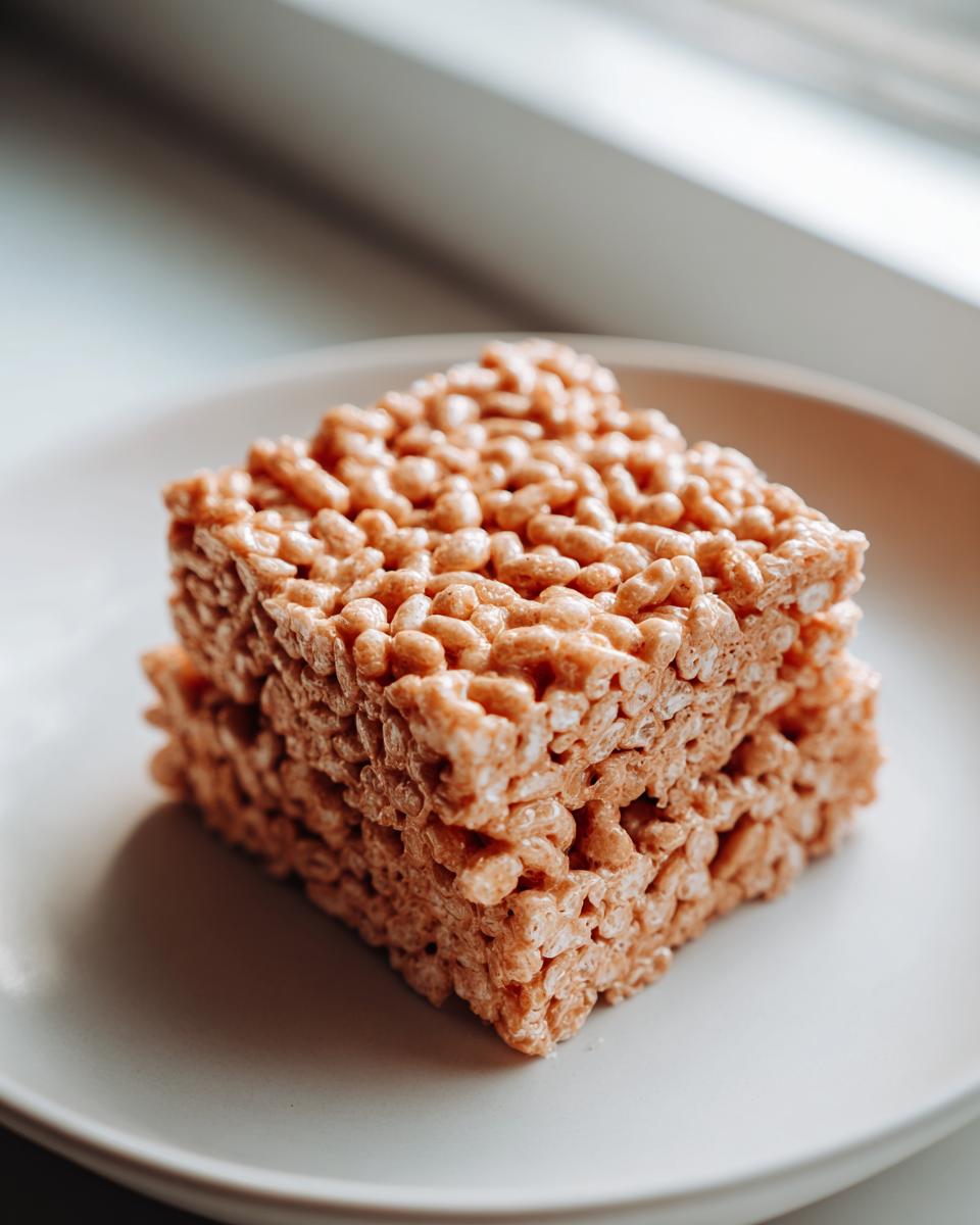 A close-up of a thick, square portion of soft Rice Krispie treats stacked slightly on a light plate.