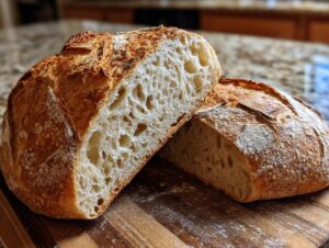 A beautiful, crusty sourdough bread loaf, sliced in half to reveal its airy crumb and golden interior.