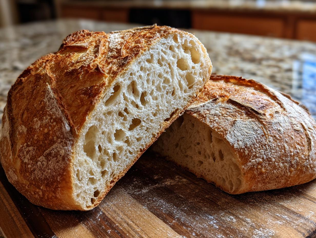 A beautiful, crusty sourdough bread loaf, sliced in half to reveal its airy crumb and golden interior.