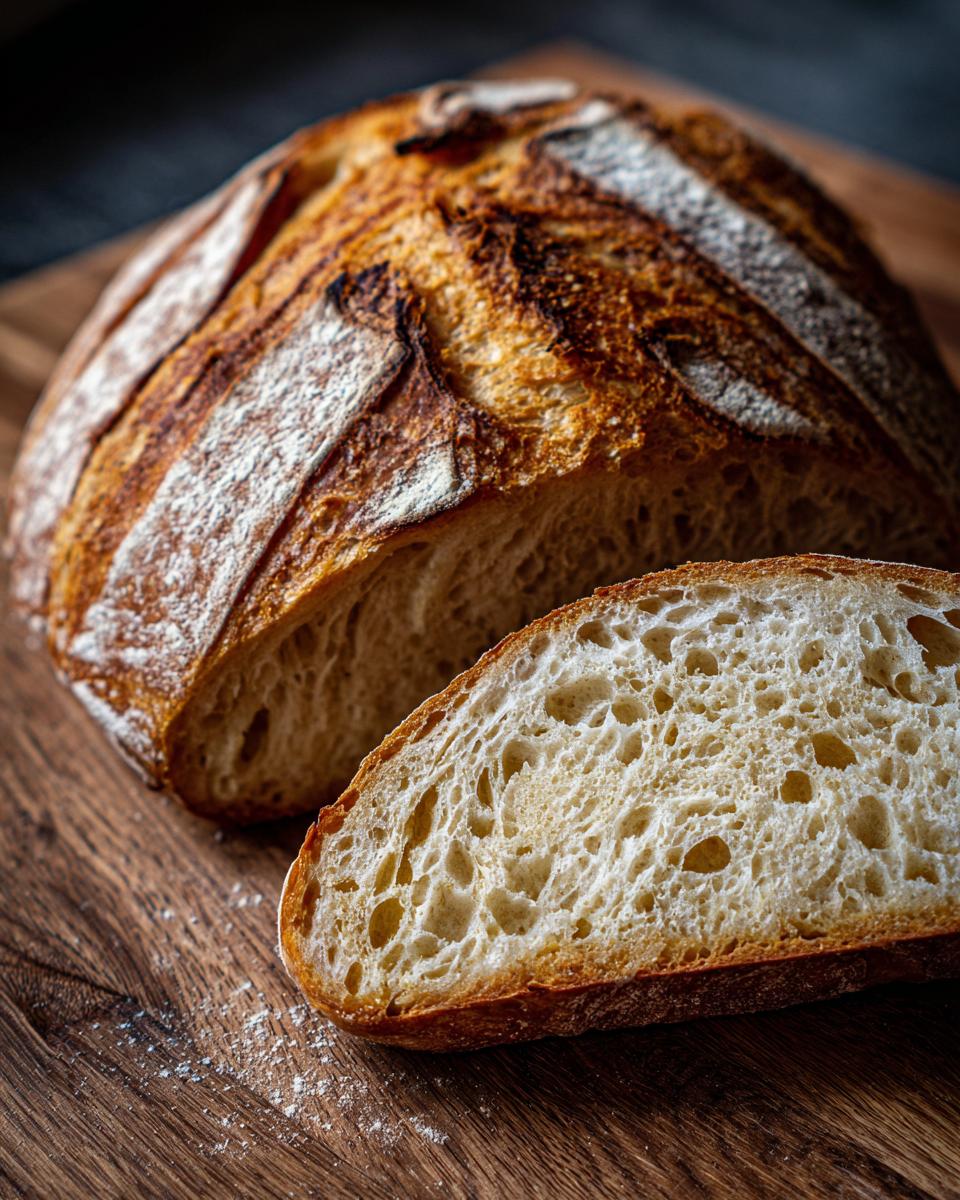 A close-up of a crusty sourdough bread loaf with a slice cut, revealing an airy interior on a wooden board.