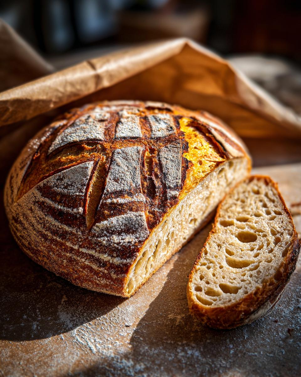 A beautifully scored, crusty sourdough bread loaf with a slice cut, showing its airy crumb.