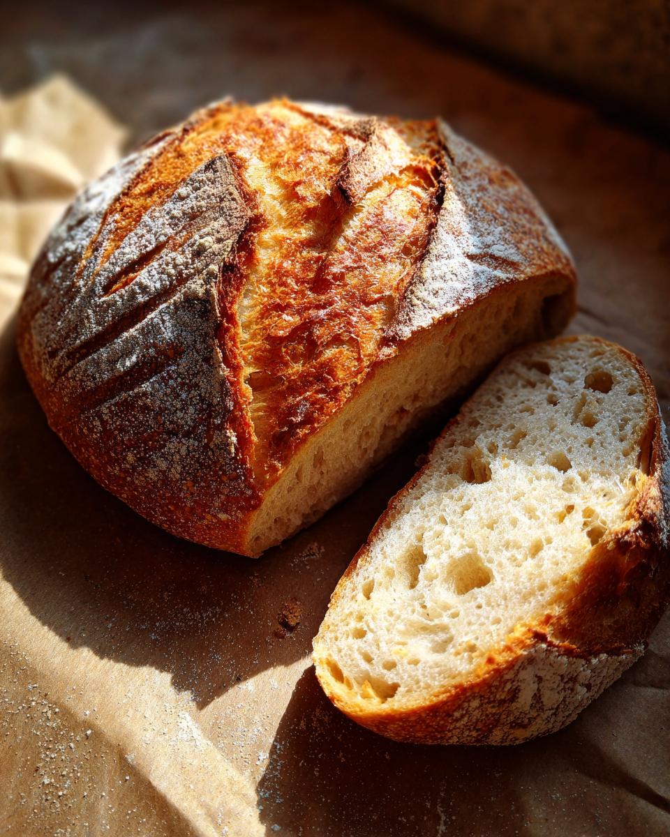 A beautiful, crusty sourdough bread loaf with a slice cut off, showing the airy crumb and golden crust.
