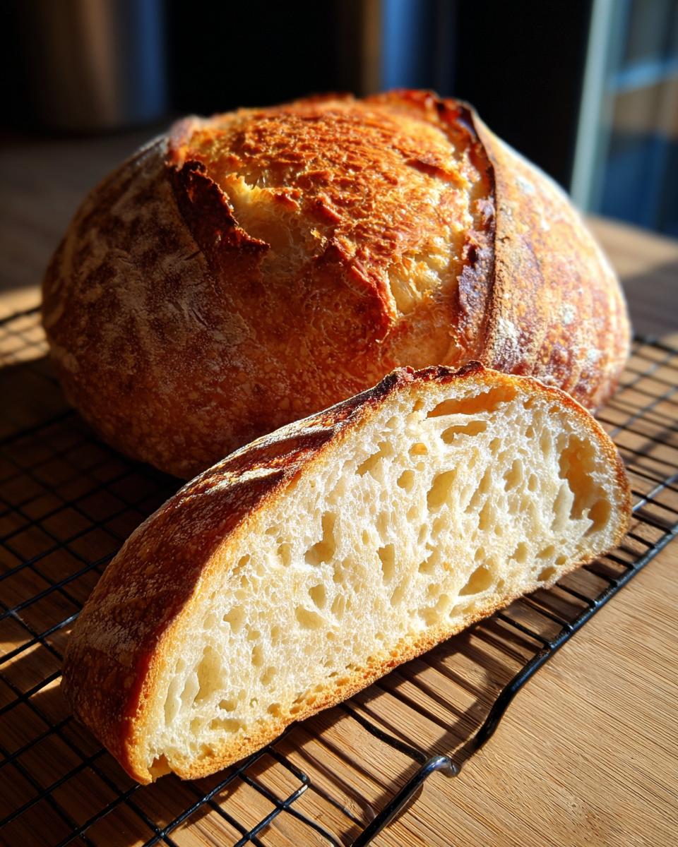 A whole crusty sourdough bread loaf next to a slice showing its open crumb structure, on a cooling rack.