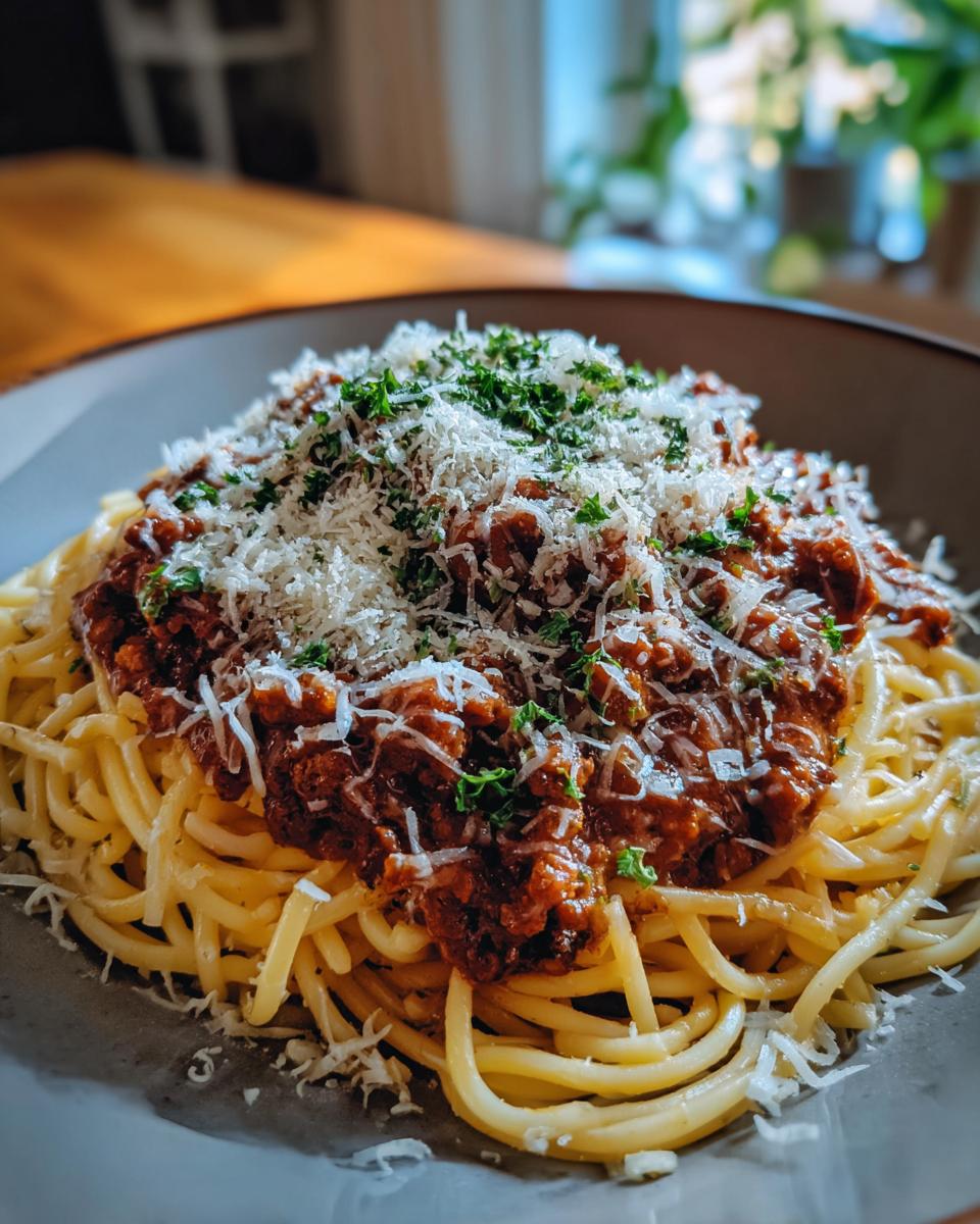 A close-up of a delicious plate of Spaghetti Bolognese topped with rich meat sauce, grated Parmesan cheese, and fresh parsley.