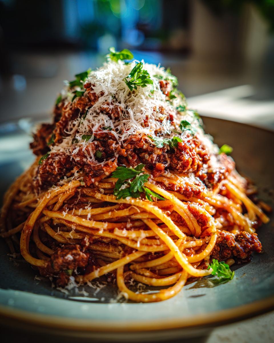 A generous portion of Spaghetti Bolognese topped with rich meat sauce, grated Parmesan cheese, and fresh parsley.