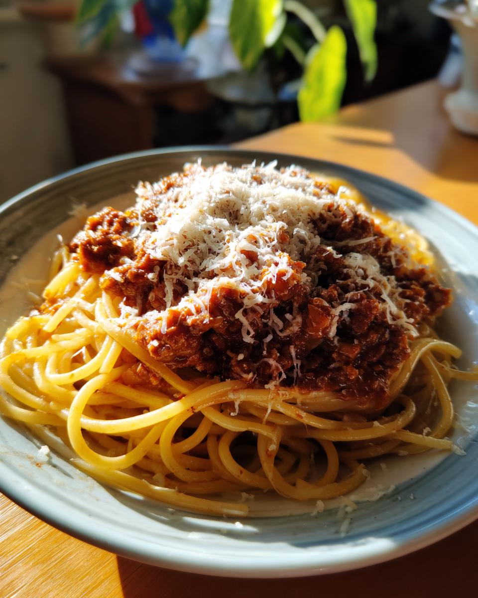 A close-up of a plate of spaghetti bolognese topped with rich meat sauce and grated parmesan cheese.