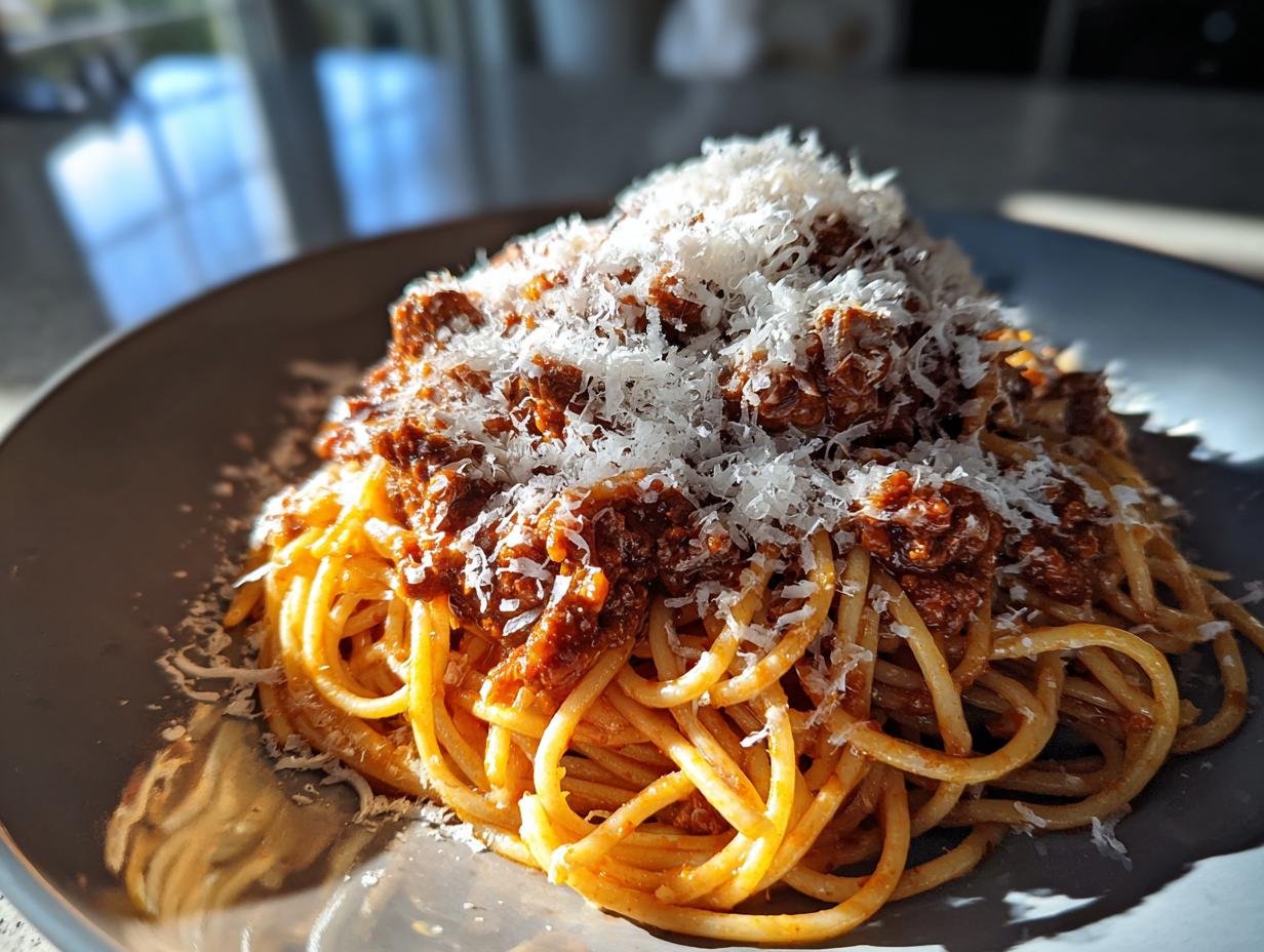 A close-up of a plate of Spaghetti Bolognese topped with rich meat sauce and freshly grated Parmesan cheese.