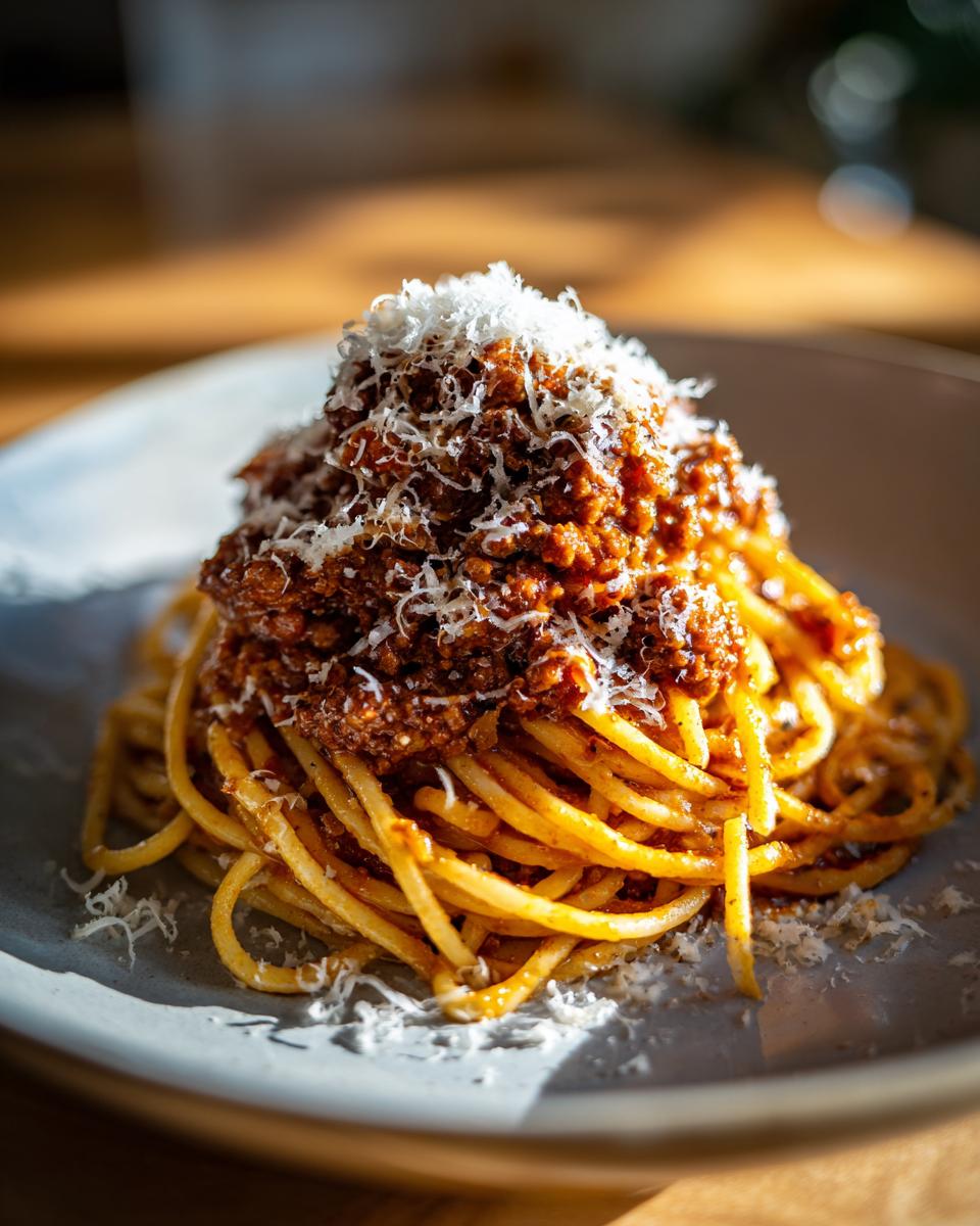 A close-up of a hearty serving of Spaghetti Bolognese topped with rich meat sauce and grated Parmesan cheese.