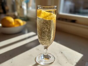 A tall, effervescent French 75 cocktail garnished with a lemon twist, sitting on a sunlit counter.