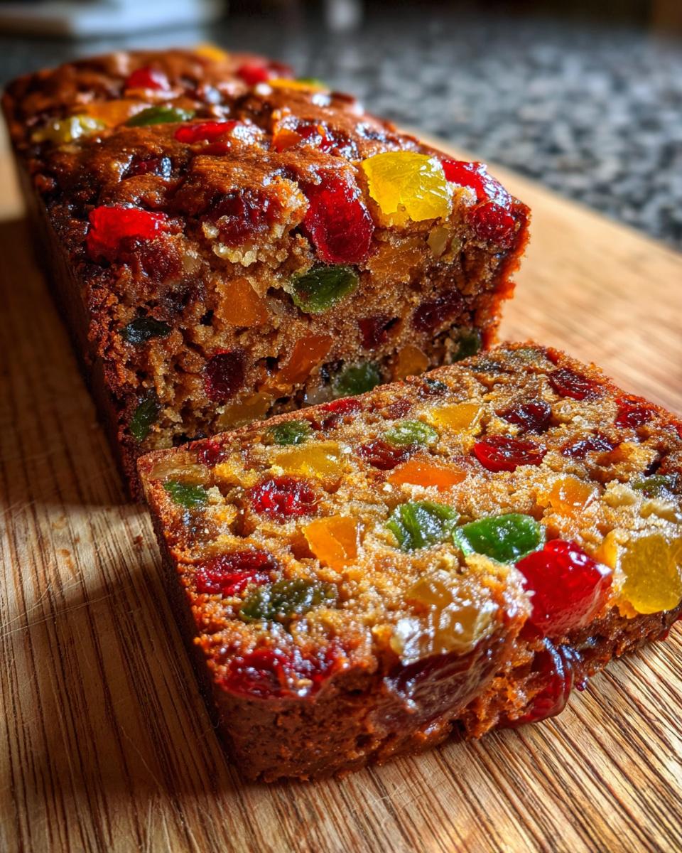 A close-up of a moist fruitcake loaf, sliced to reveal an abundance of colorful candied fruits like cherries, apricots, and citrus peel.