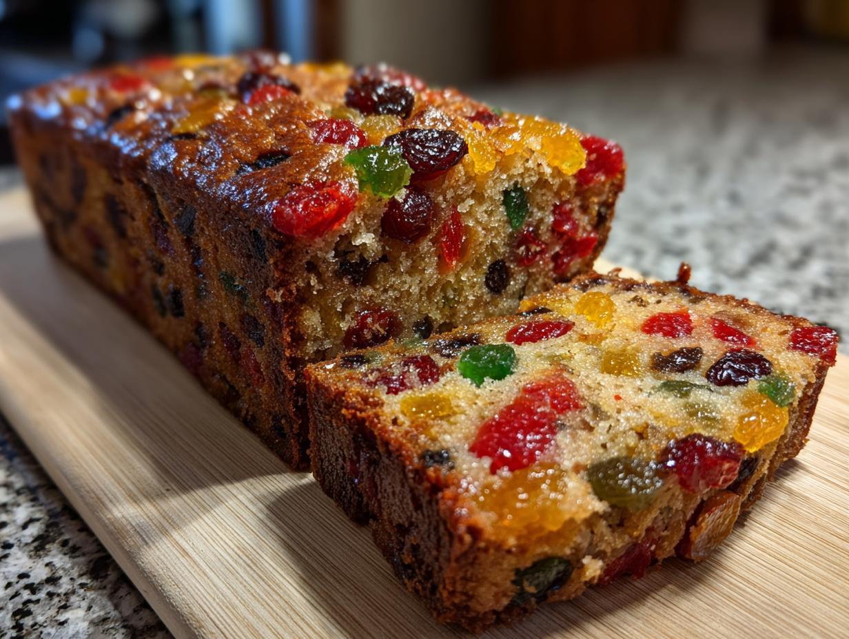 Close-up of a moist fruitcake loaf, sliced to reveal colorful candied fruits and dark raisins within.