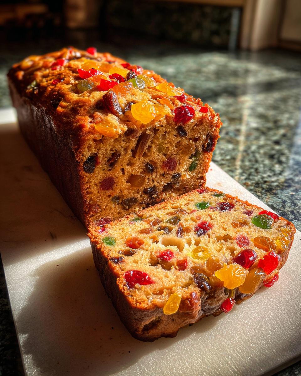 A slice of moist fruitcake loaded with colorful candied fruits and raisins, ready for the holidays.