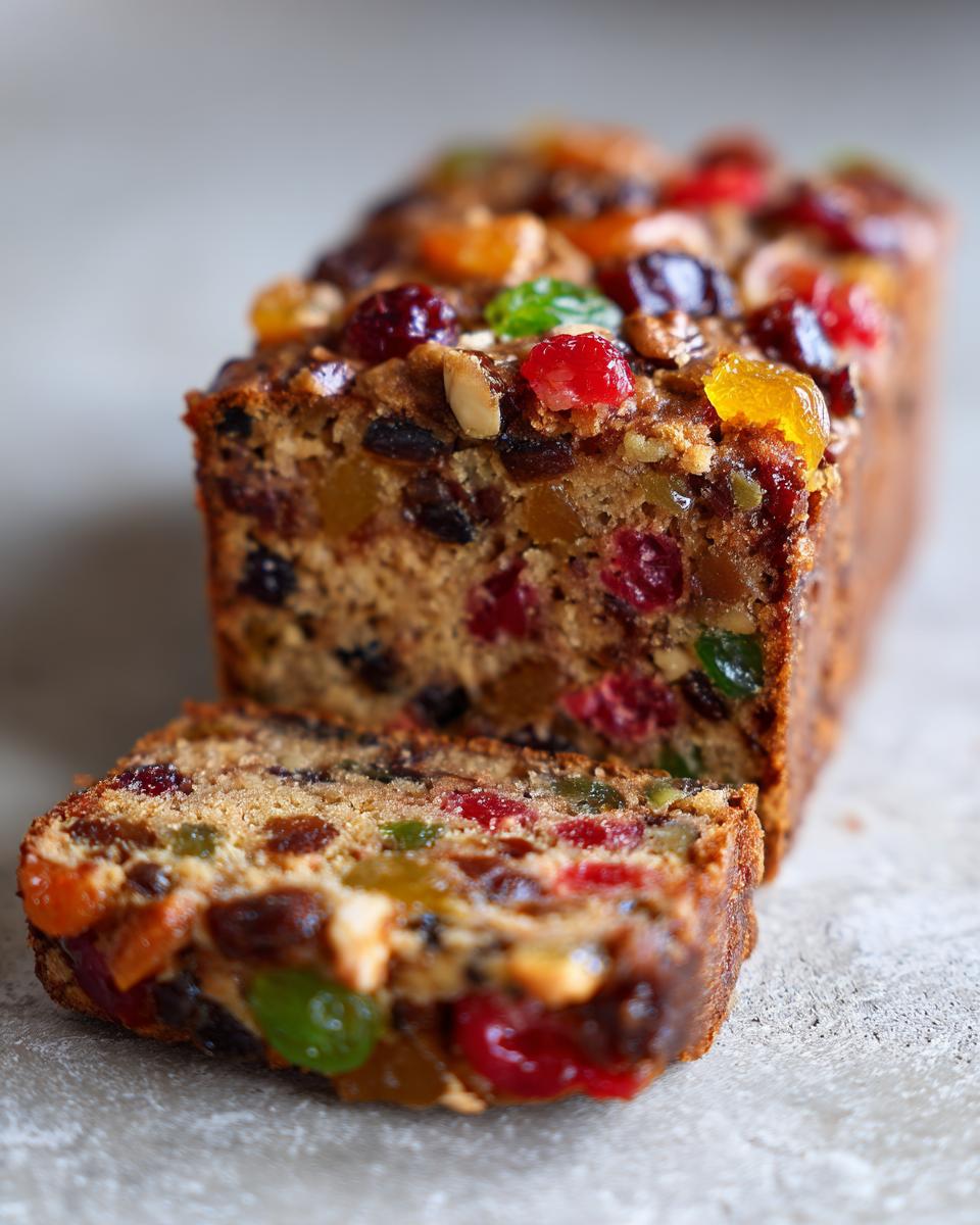 A close-up of a moist fruitcake loaf with a slice cut, showcasing colorful candied fruits and nuts.