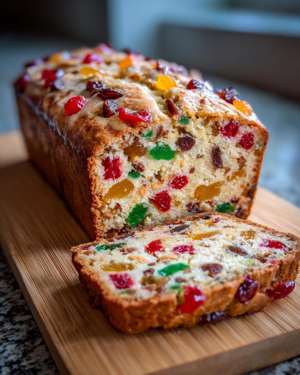 A moist fruitcake loaf with a slice cut, showcasing colorful candied fruits and nuts within the dense cake.