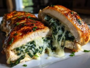 Close-up of spinach stuffed chicken cut in half, showing gooey melted cheese oozing out of the spinach filling.