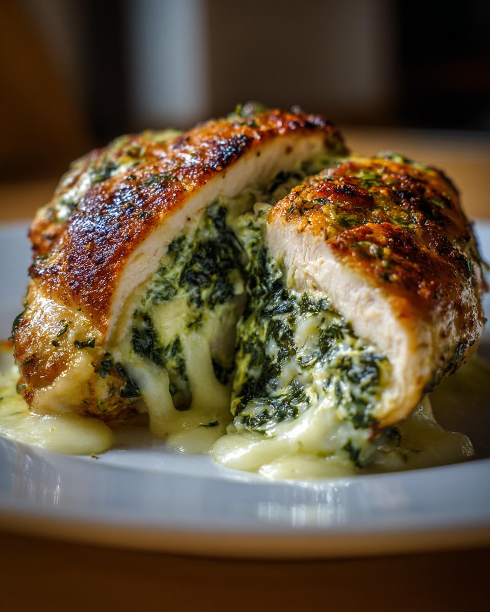 Close-up of spinach stuffed chicken breast cut open, revealing creamy spinach and cheese filling.