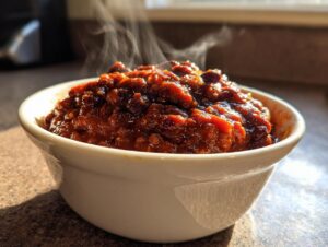 A close-up of a steaming white bowl filled with thick, rich, dark red Beef Chili.