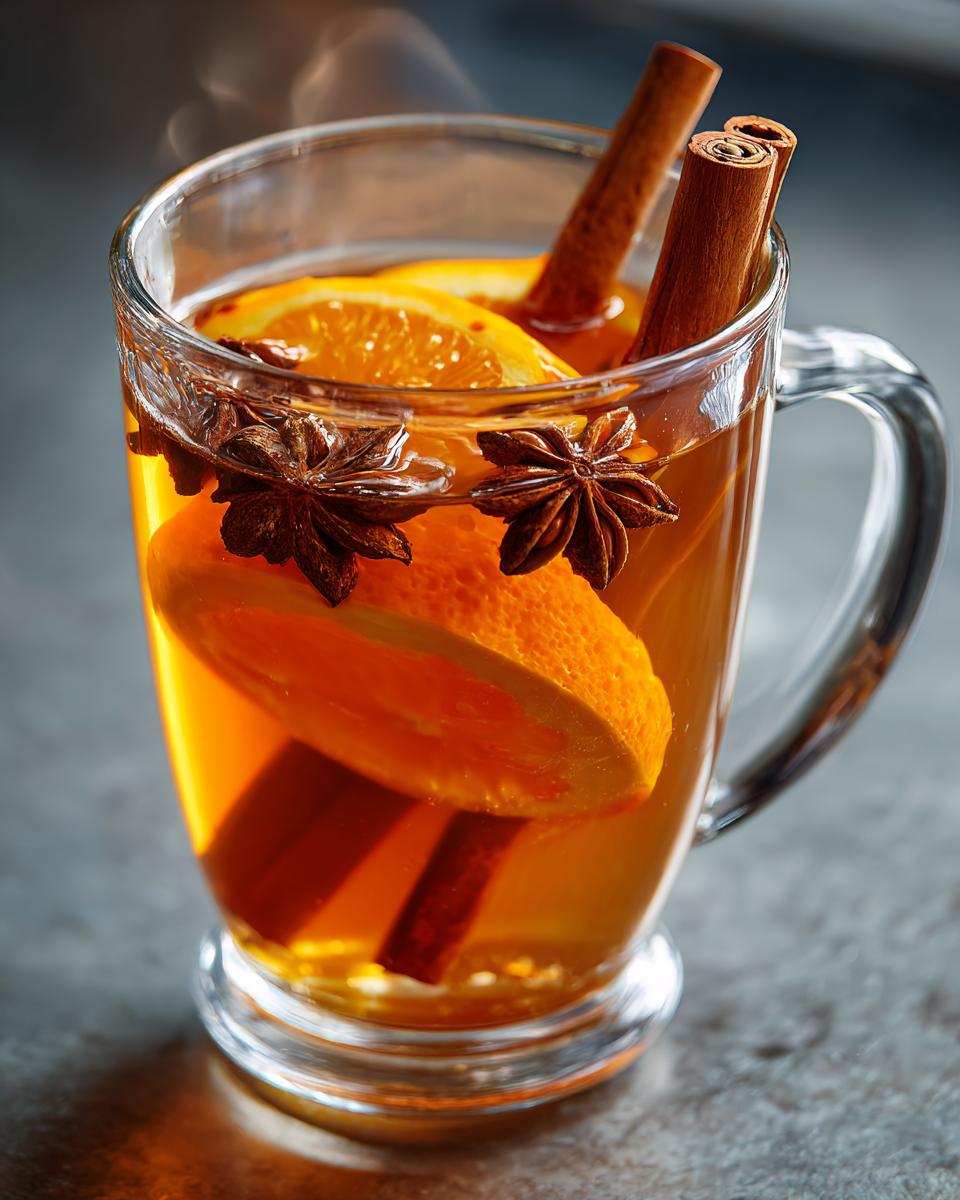 Close-up of hot spiced apple cider garnished with orange slices, cinnamon sticks, and star anise.