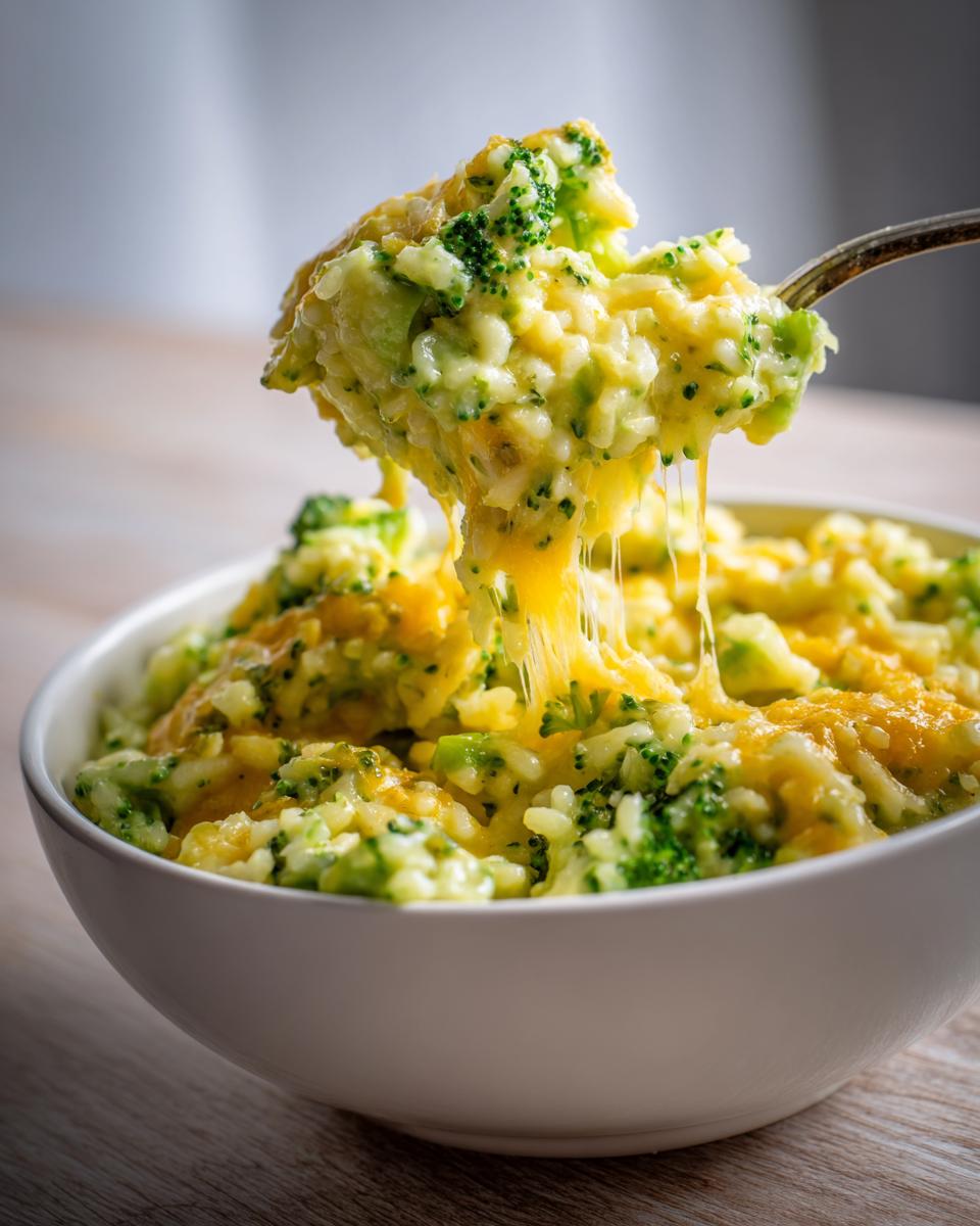 A spoonful of creamy, cheesy broccoli rice is lifted from a white bowl, showing long cheese pulls.