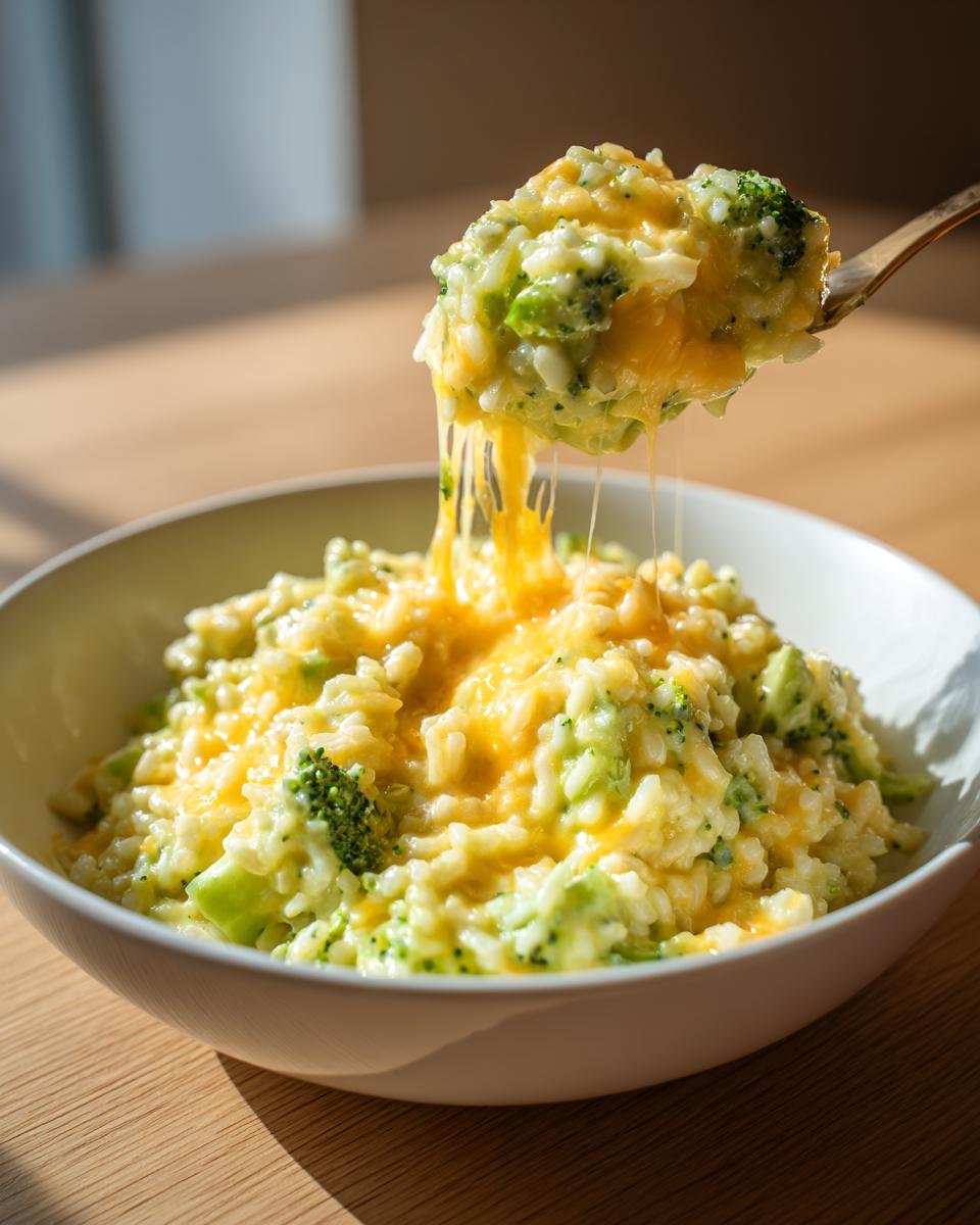 A spoonful of creamy broccoli rice topped with melted cheddar cheese being lifted from a white bowl of broccoli rice.
