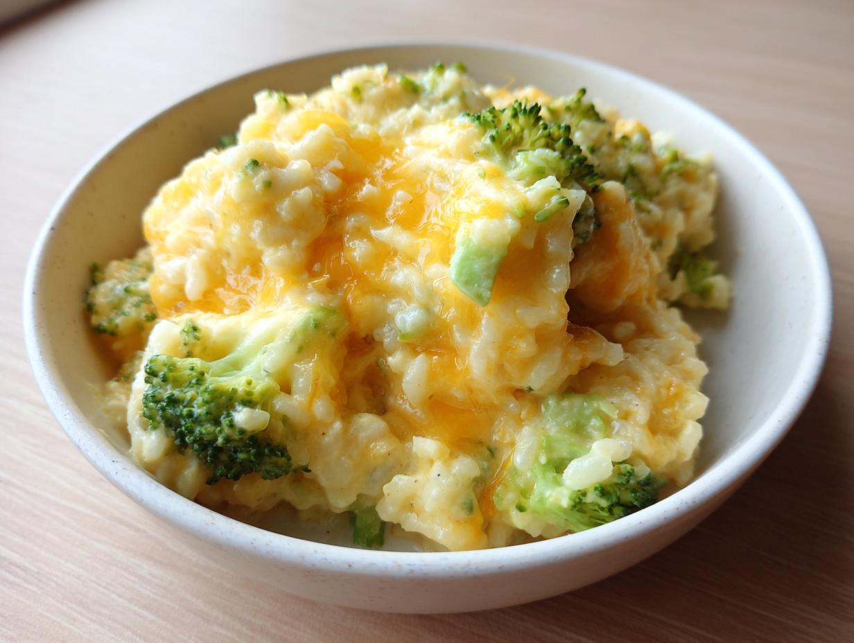 A close-up of creamy broccoli rice topped with melted cheddar cheese served in a light-colored bowl.