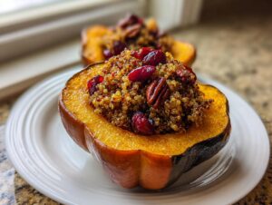 A close-up of a baked acorn squash half filled with a savory quinoa, cranberry, and pecan stuffing, served on a white plate.