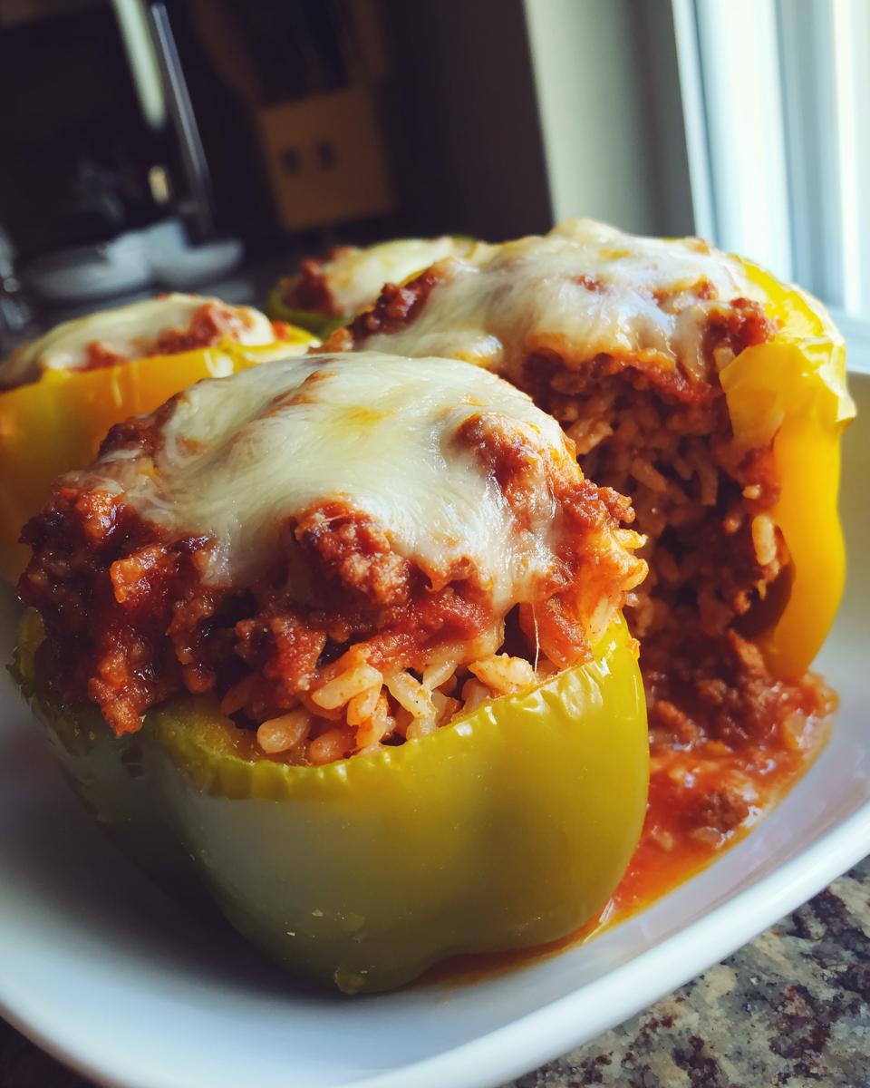Close-up of baked stuffed peppers filled with rice and meat sauce, topped with melted white cheese.