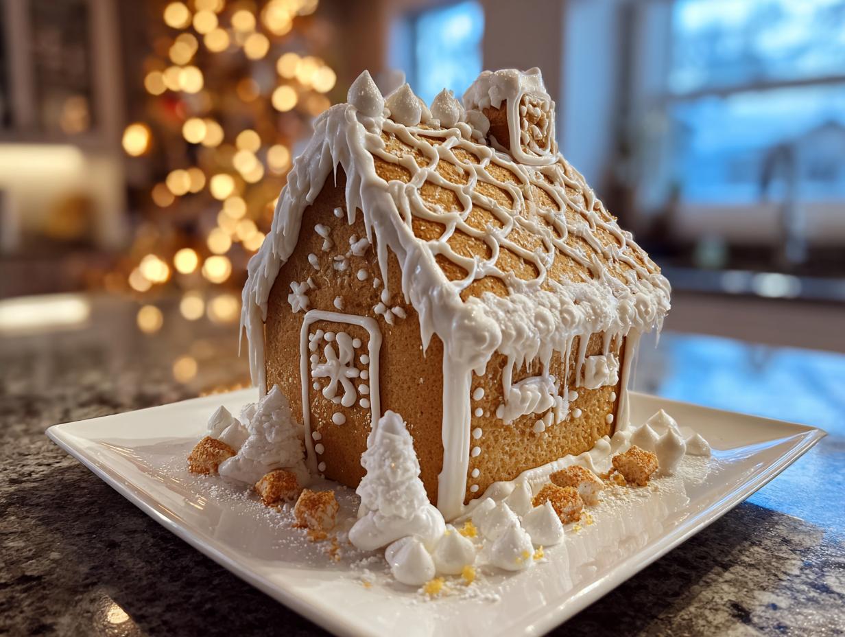 A beautifully decorated gingerbread house with white icing details, set on a white plate with meringue trees and cookie crumbs.