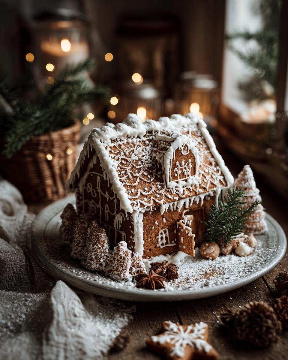A beautifully decorated sturdy gingerbread house with intricate white icing details and surrounding gingerbread trees.