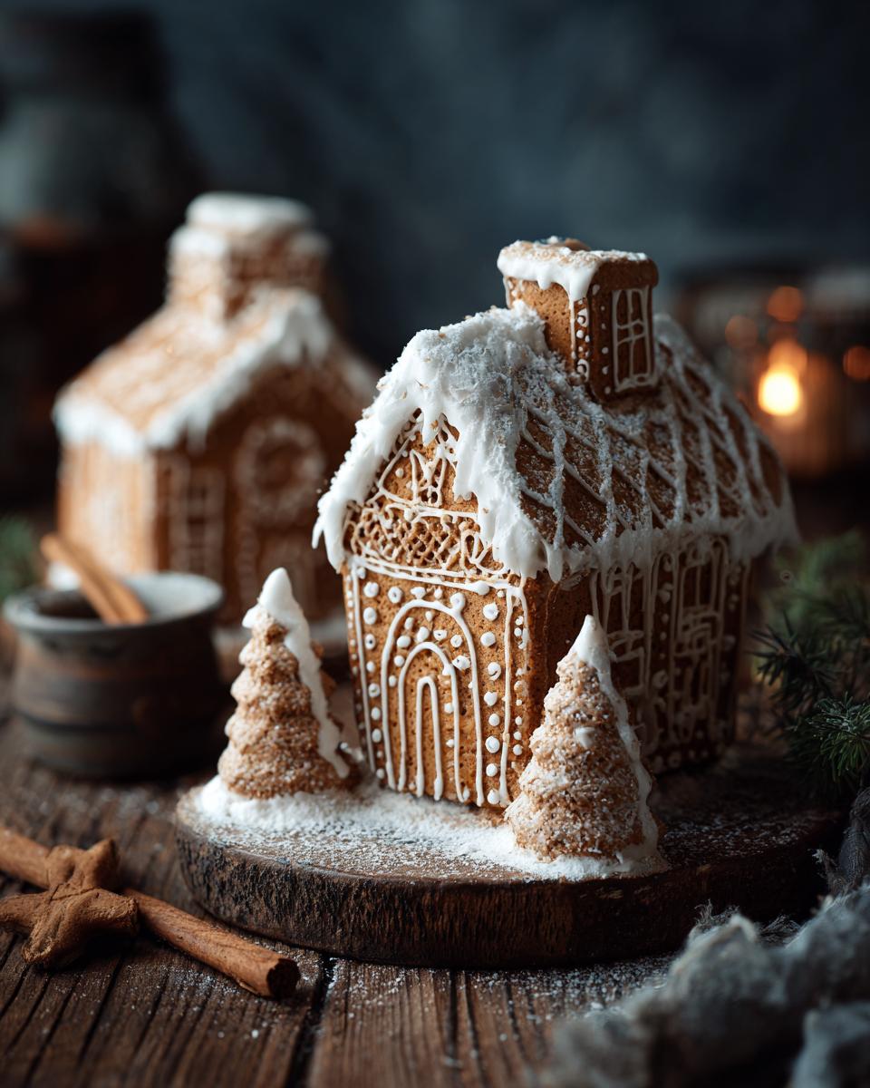 A beautifully decorated gingerbread house with intricate white icing details and snowy accents, surrounded by miniature gingerbread trees.