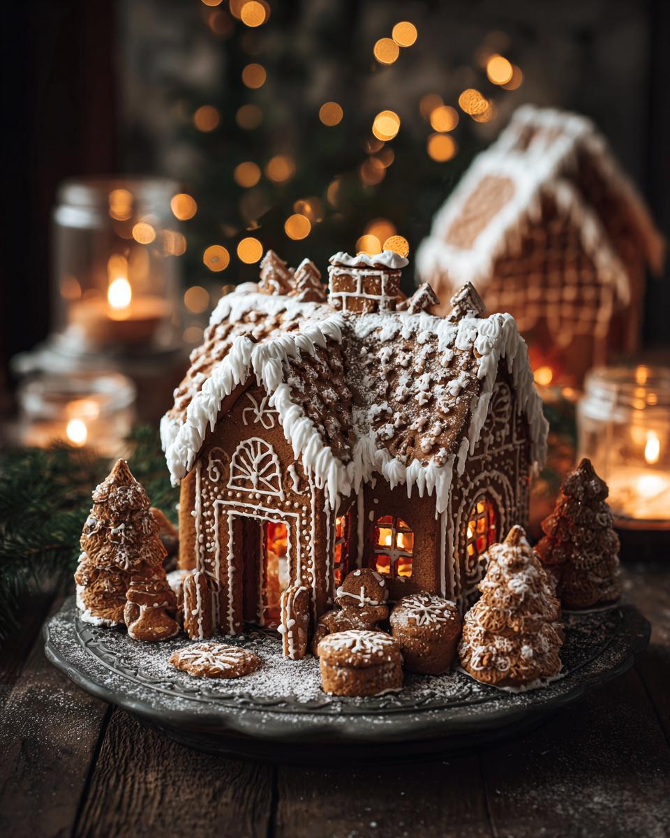 A beautifully decorated gingerbread house with glowing windows, surrounded by gingerbread trees and cookies, set against a backdrop of festive lights.