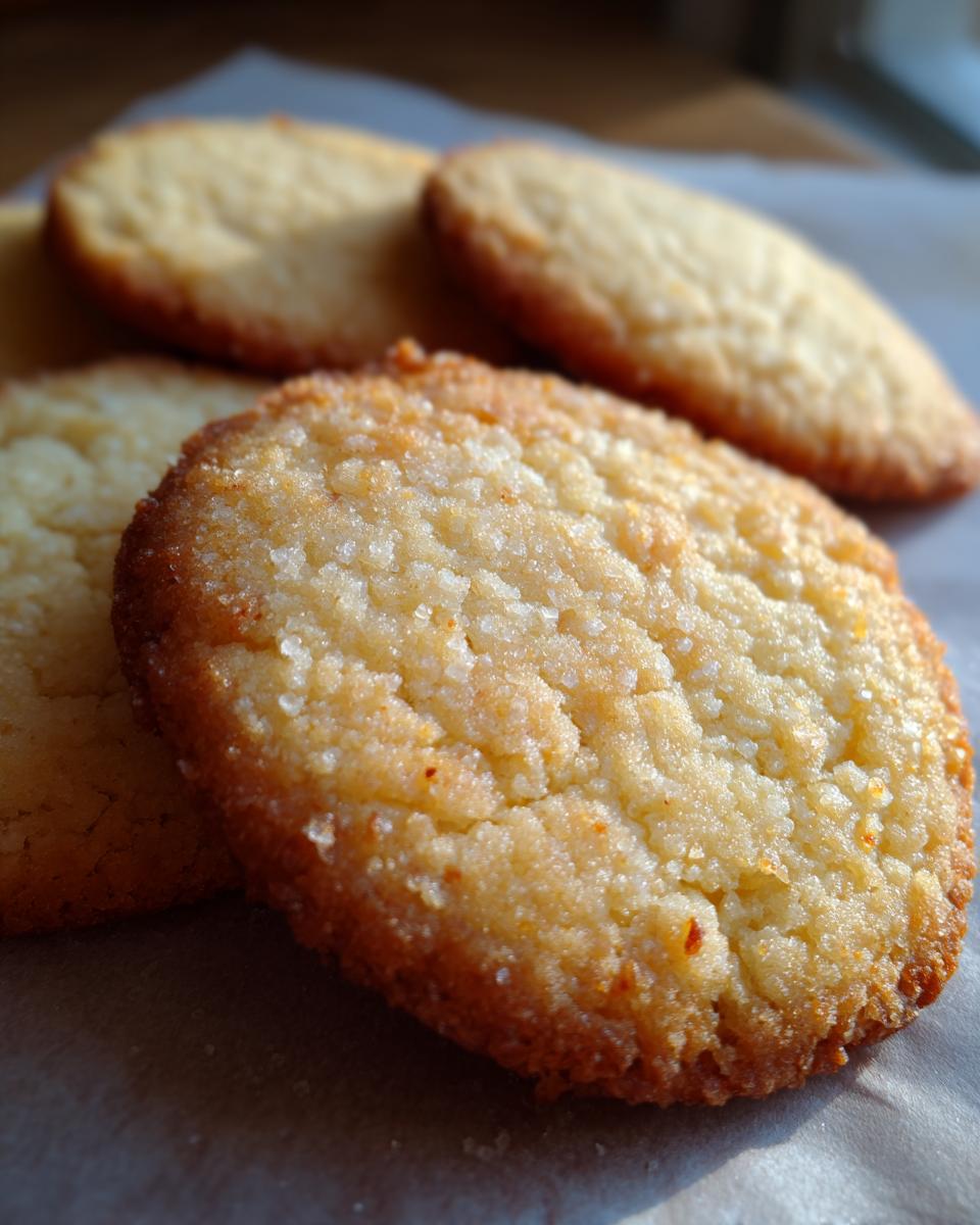 Close-up of golden brown sugar cookies, some sprinkled with sugar, on parchment paper.