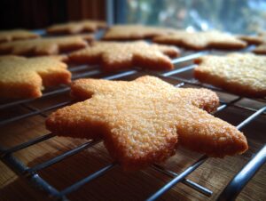 Close-up of golden-brown sugar cookies in star shapes cooling on a wire rack.