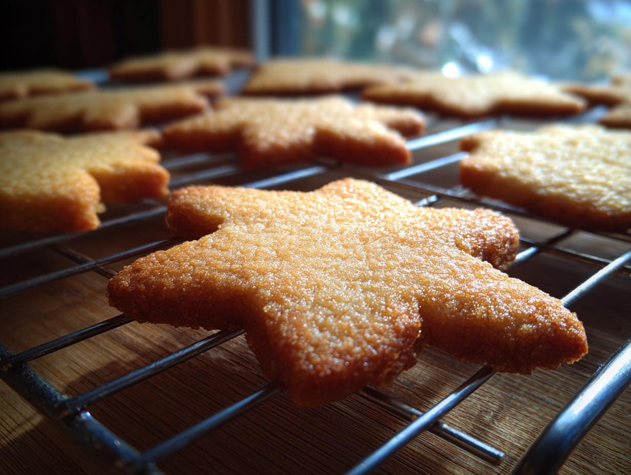 Close-up of golden-brown sugar cookies in star shapes cooling on a wire rack.