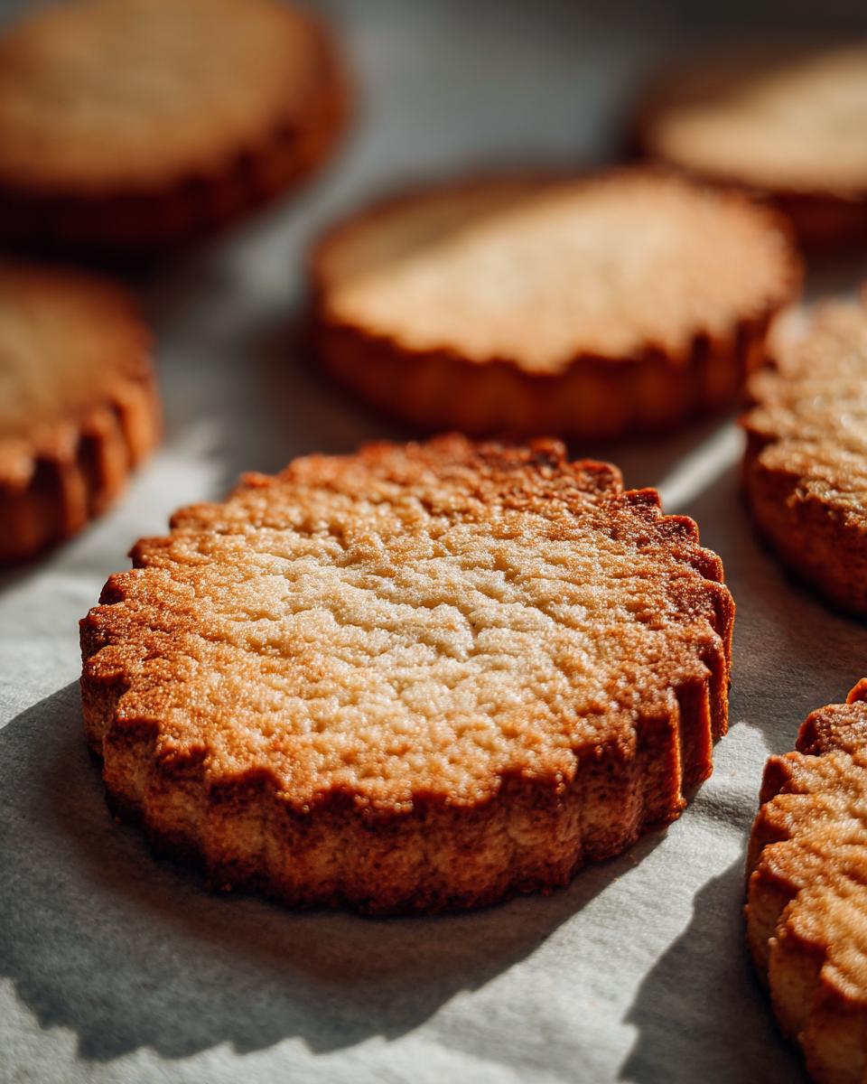 Close-up of golden brown sugar cookies with fluted edges, freshly baked.