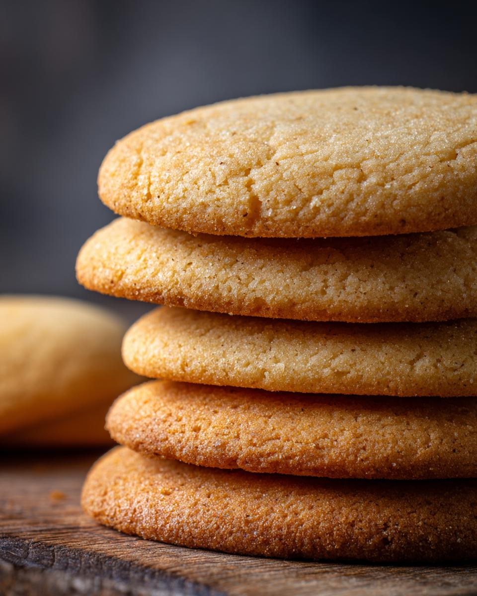 A close-up stack of freshly baked golden sugar cookies on a wooden surface.