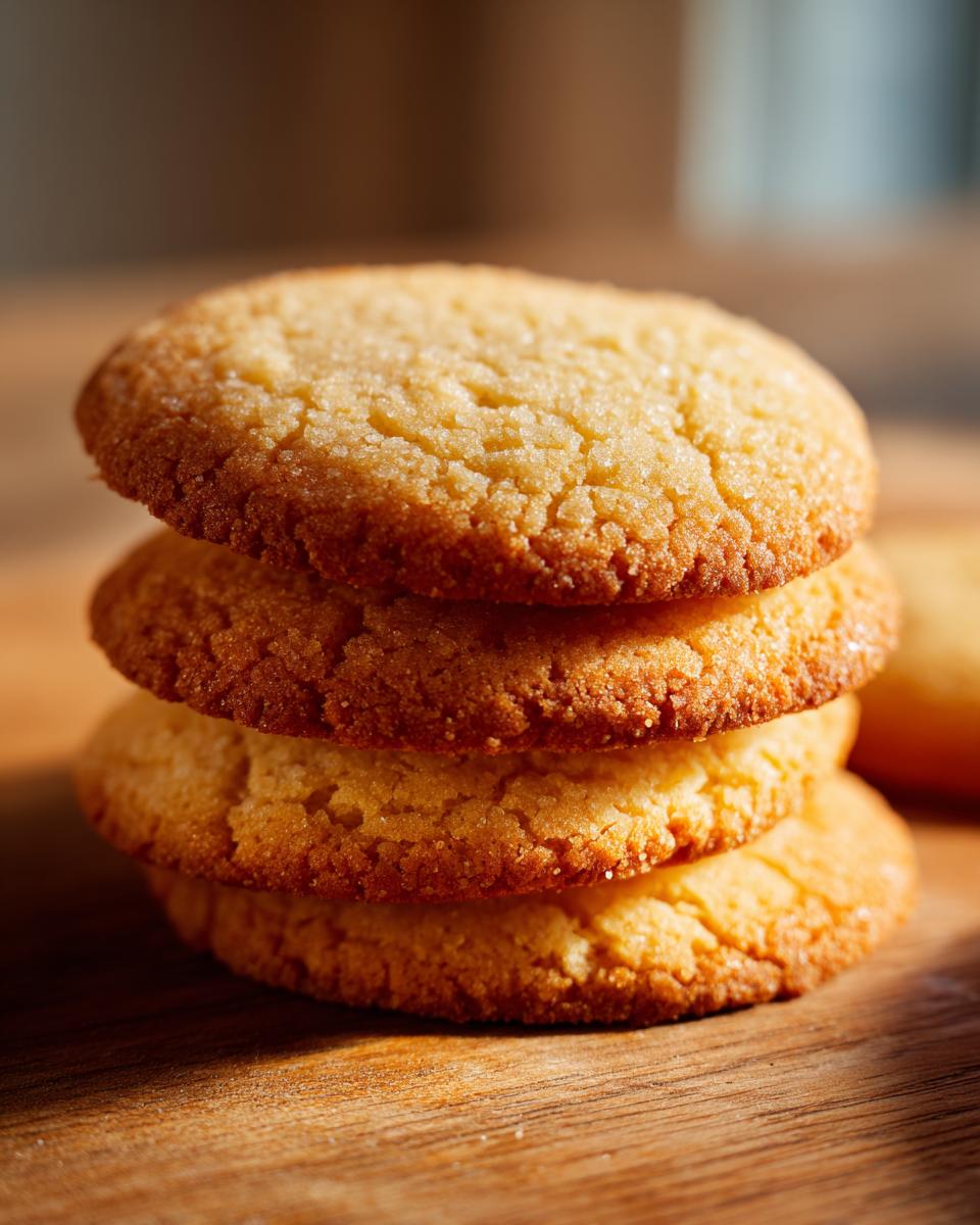 A close-up stack of three golden brown sugar cookies, lightly dusted with sugar, on a wooden surface.