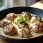 A close-up of several golden-brown Swedish meatballs swimming in a rich, creamy sauce, garnished with fresh dill.