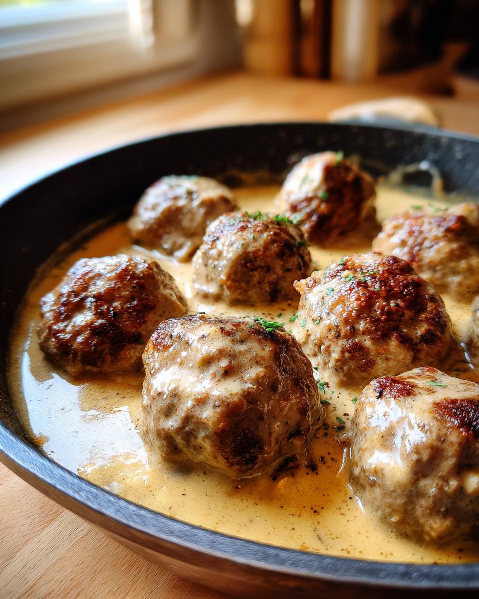 Close-up of juicy Swedish meatballs simmering in a rich, creamy sauce in a black skillet.