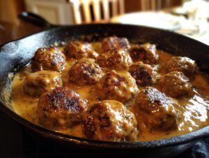 A close-up of tender Swedish meatballs simmering in a rich, creamy sauce in a cast-iron skillet.