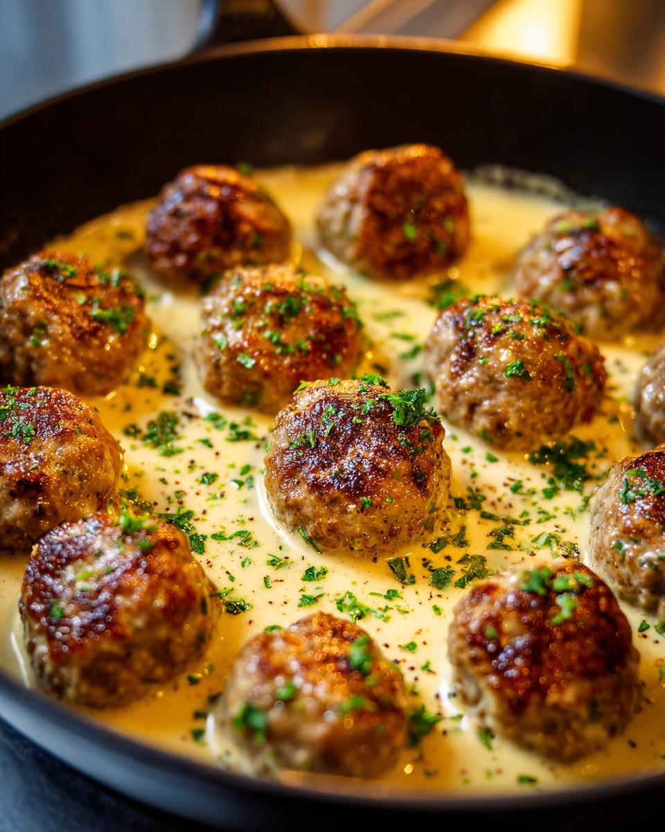 Close-up of golden-brown Swedish meatballs simmering in a rich, creamy sauce, garnished with fresh parsley.