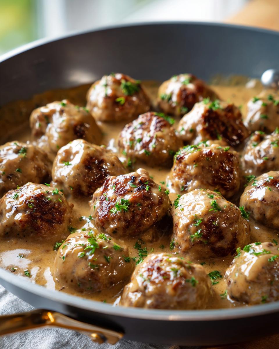 Close-up of golden-brown Swedish meatballs simmering in a rich, creamy sauce, garnished with fresh parsley.